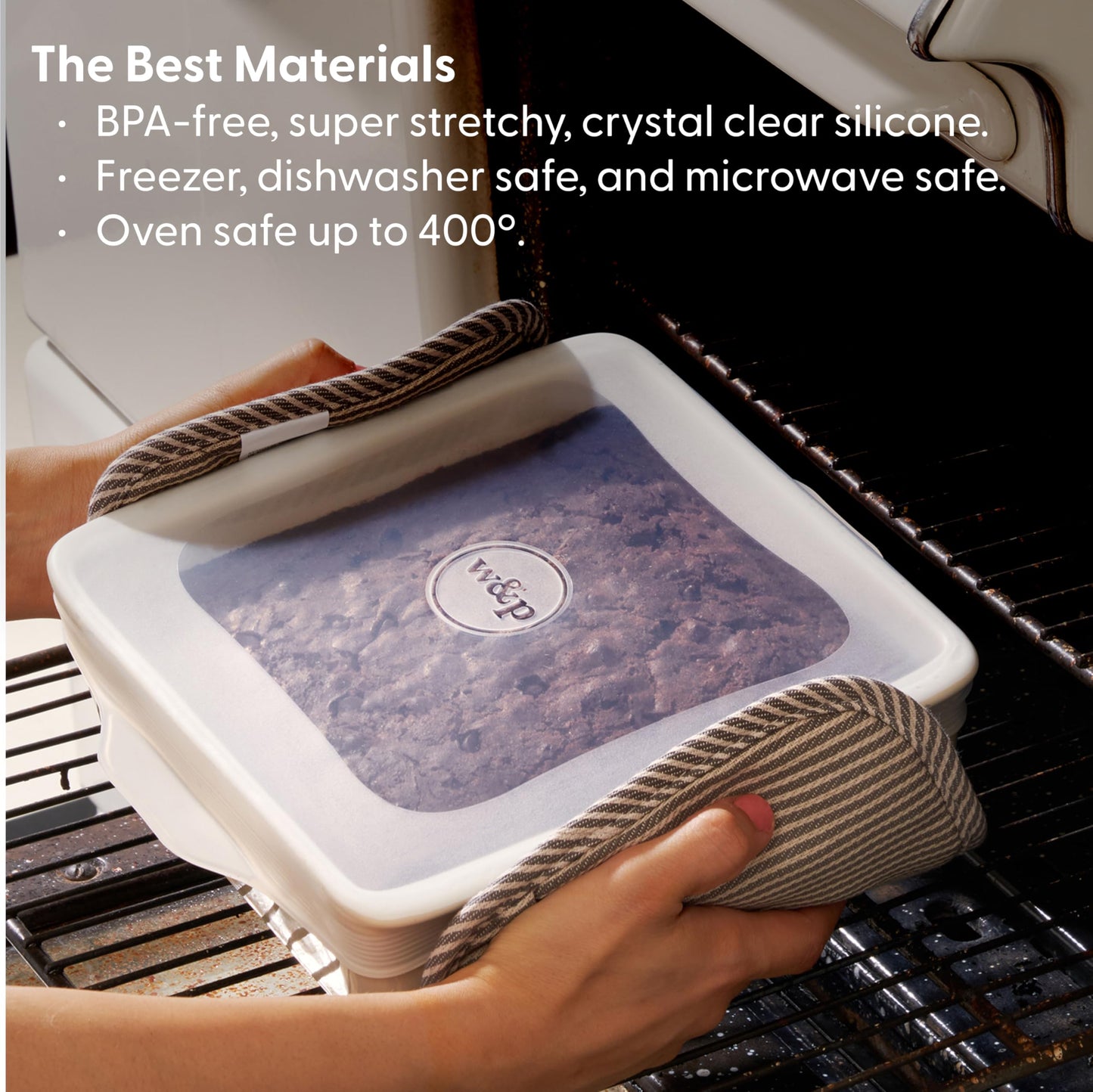 W&P Reusable Silicone Stretch Lid, Brownie (8 x 8) Set of 2, Dishwasher Safe, Freezer Safe, LFGB/Premium Silicone, Microwave Safe, Clear